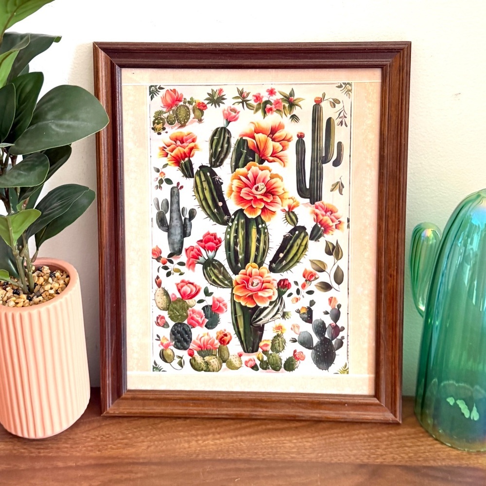 Cactus Flower Vintage Style Canvas Art Print Wood Framed Wall Hanging Art Desert